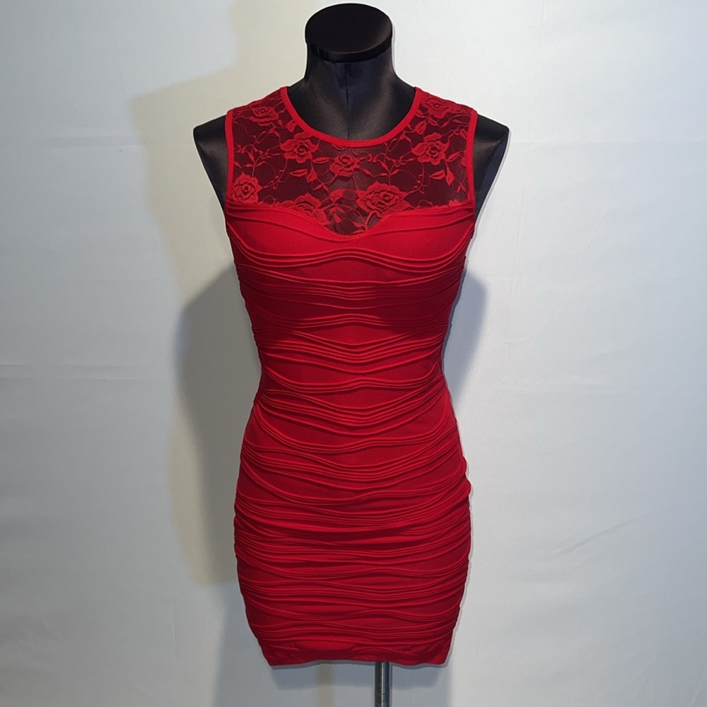 Colorful brand Red Stretchy Body-con Mini Dress with Red Lace!